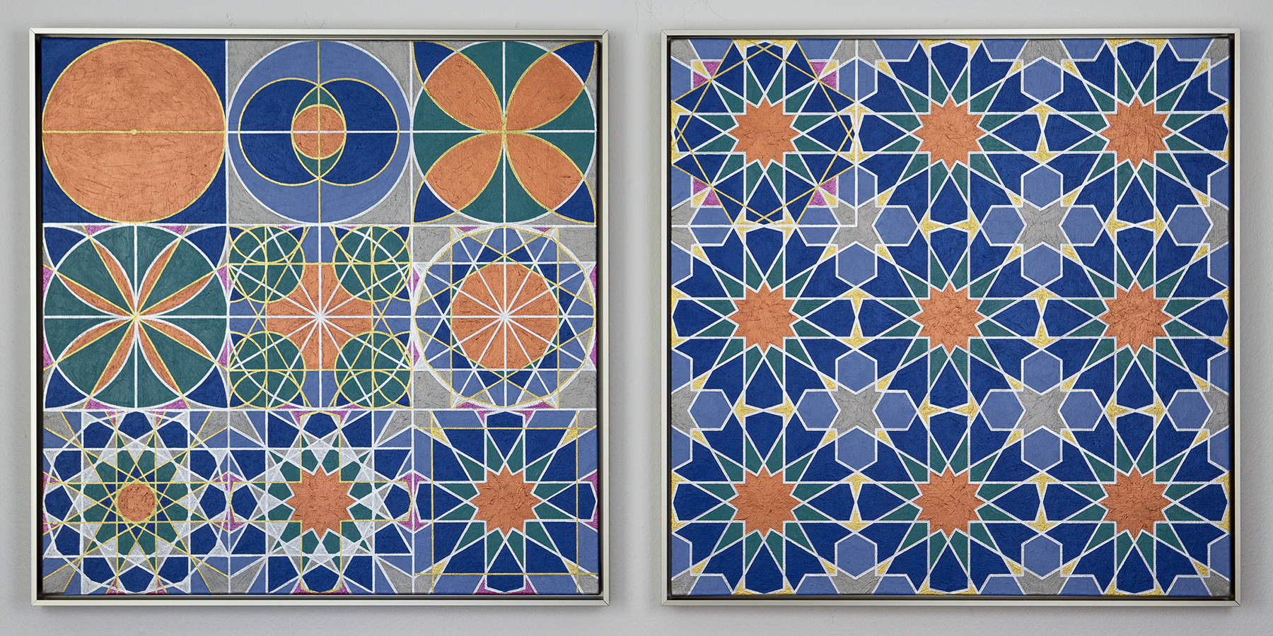 Panels 1 and 2 of the 
			straight-edge and compass construction of a motif from the Ben Yusef Madrasa